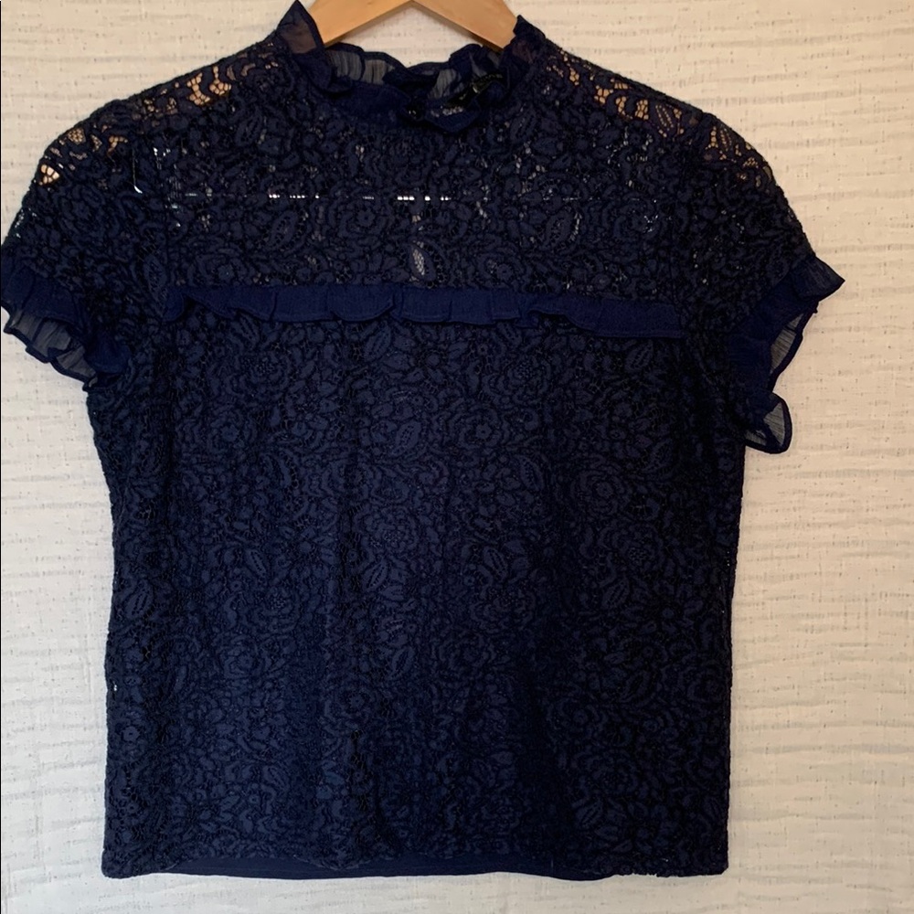 Banana Republic Navy Blue Lace Blouse with Mandarin Collar and Ruffle Sleeve